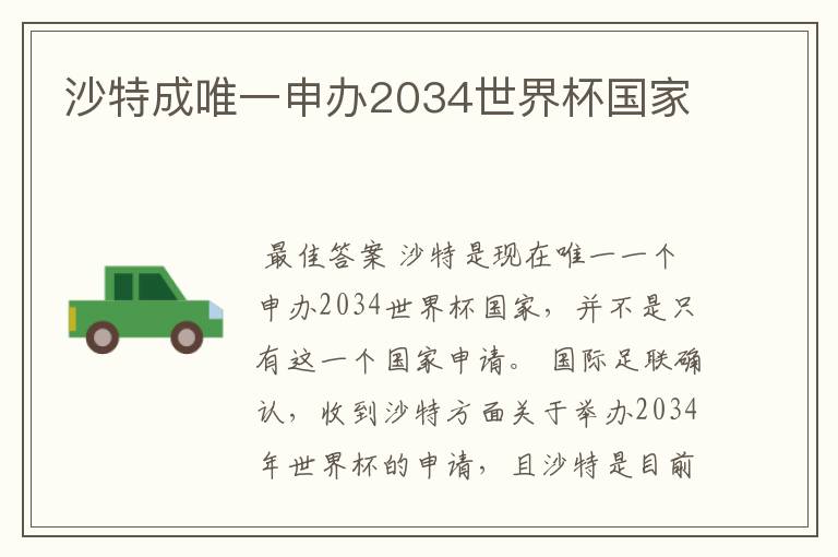 沙特成唯一申办2034世界杯国家