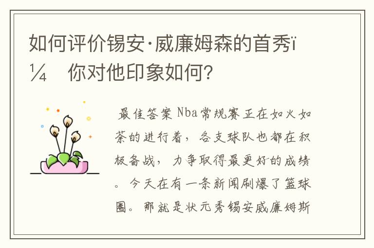 如何评价锡安·威廉姆森的首秀,你对他印象如何?