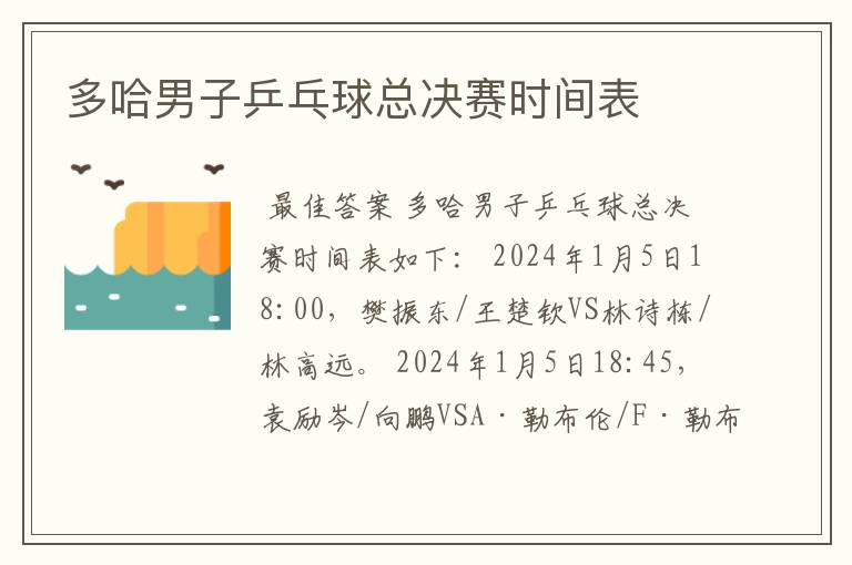 多哈男子乒乓球总决赛时间表