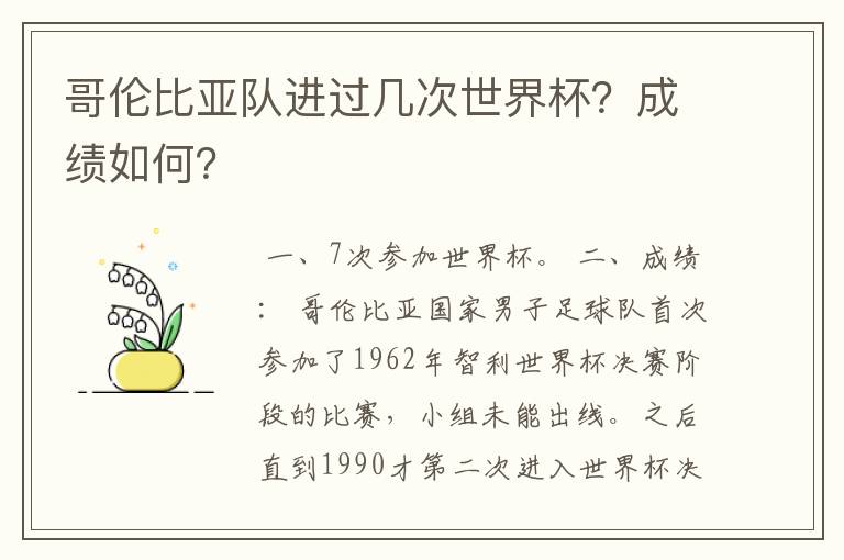 哥伦比亚队进过几次世界杯?成绩如何?
