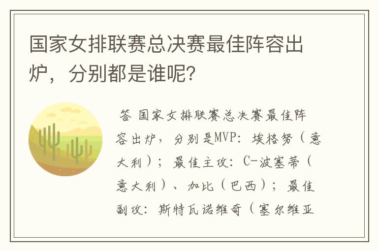 国家女排联赛总决赛最佳阵容出炉,分别都是谁呢?