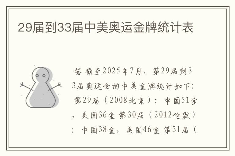 29届到33届中美奥运金牌统计表