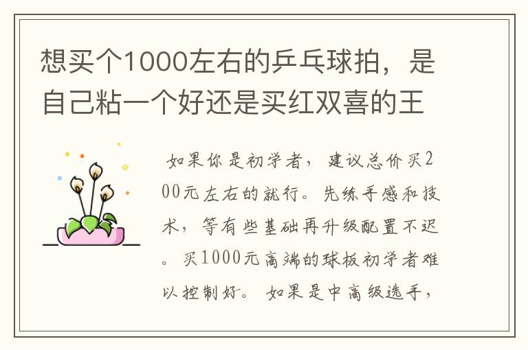 想买个1000左右的乒乓球拍,是自己粘一个好还是买红双喜的王励勤牌子,还是马龙的拍子