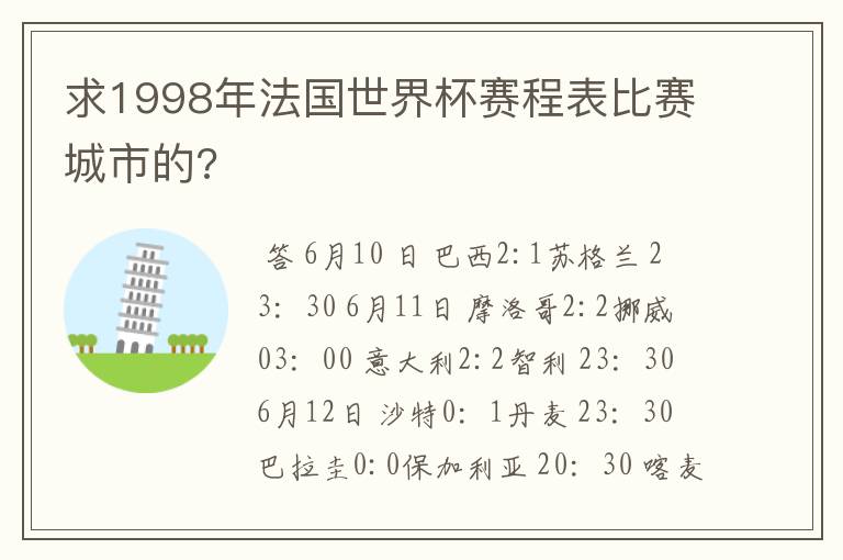 求1998年法国世界杯赛程表比赛城市的?