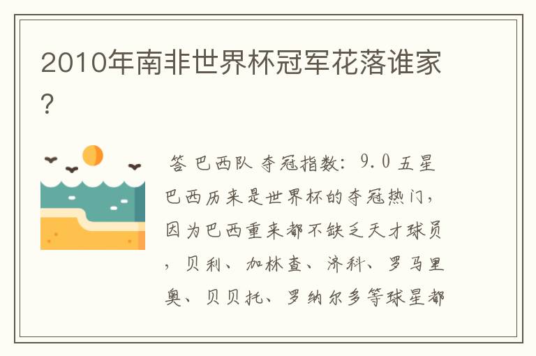 2010年南非世界杯冠军花落谁家？