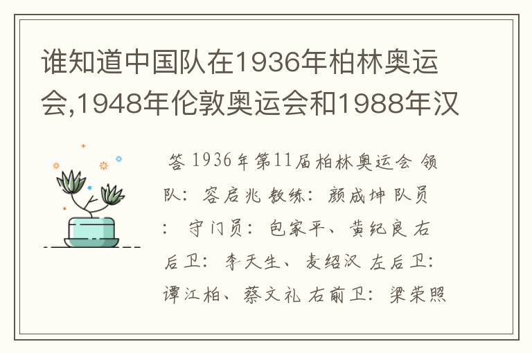 谁知道中国队在1936年柏林奥运会,1948年伦敦奥运会和1988年汉城奥运会足球比赛中的成绩?