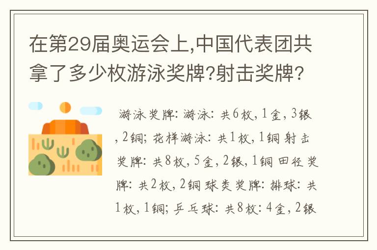 在第29届奥运会上,中国代表团共拿了多少枚游泳奖牌?射击奖牌?田径奖牌?球类奖牌?体操奖牌?摔交奖牌?