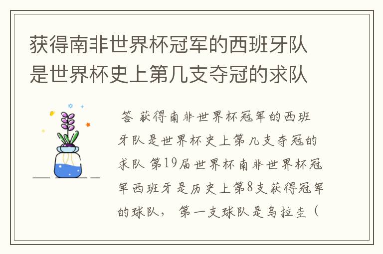 获得南非世界杯冠军的西班牙队是世界杯史上第几支夺冠的求队