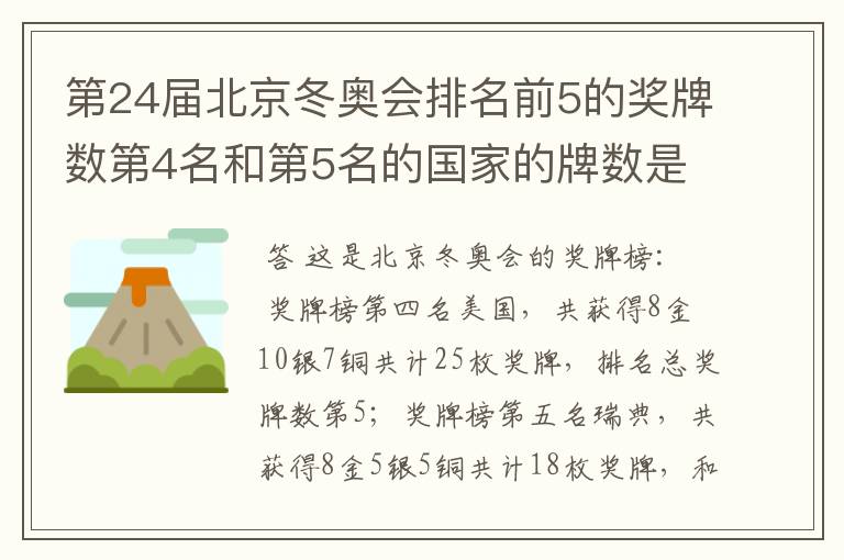 第24届北京冬奥会排名前5的奖牌数第4名和第5名的国家的牌数是多少？