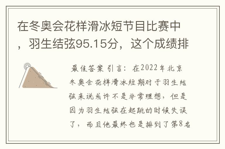 在冬奥会花样滑冰短节目比赛中，羽生结弦95.15分，这个成绩排名如何？