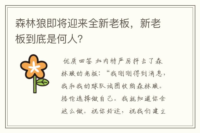 森林狼即将迎来全新老板，新老板到底是何人？