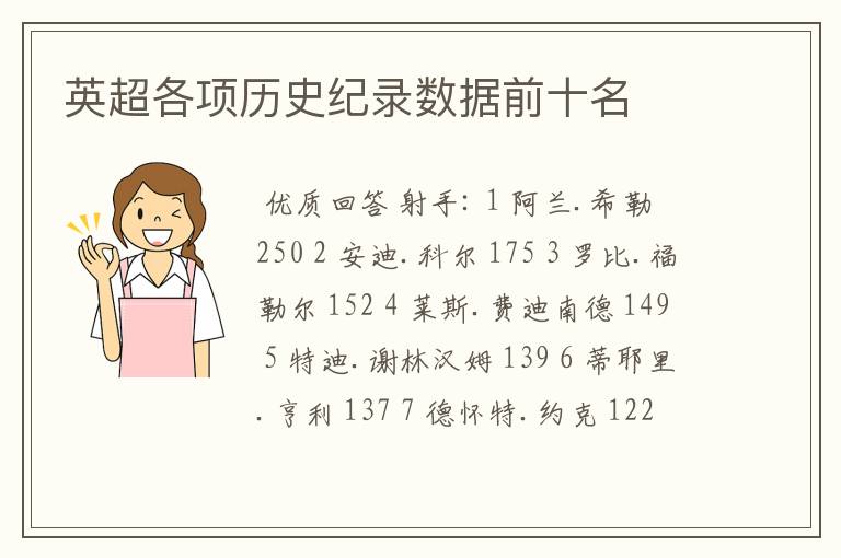英超各项历史纪录数据前十名