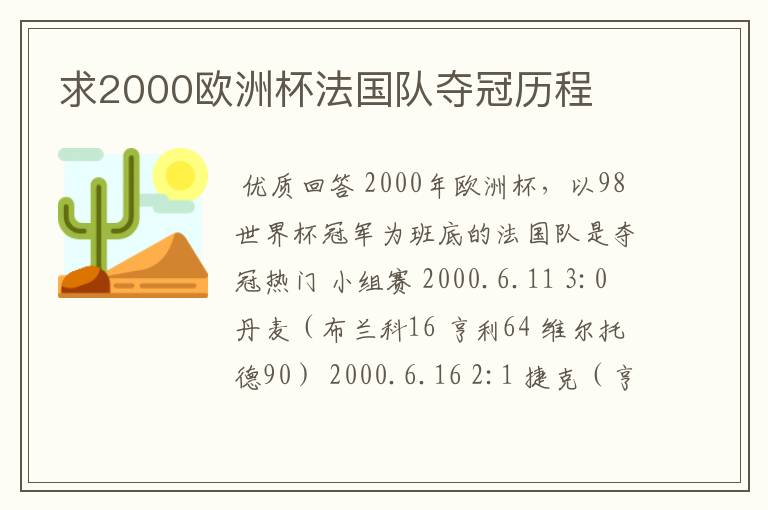求2000欧洲杯法国队夺冠历程