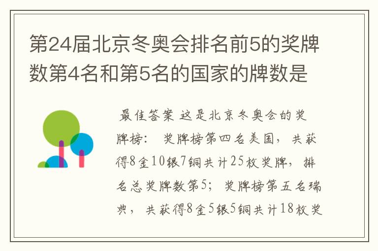 第24届北京冬奥会排名前5的奖牌数第4名和第5名的国家的牌数是多少？