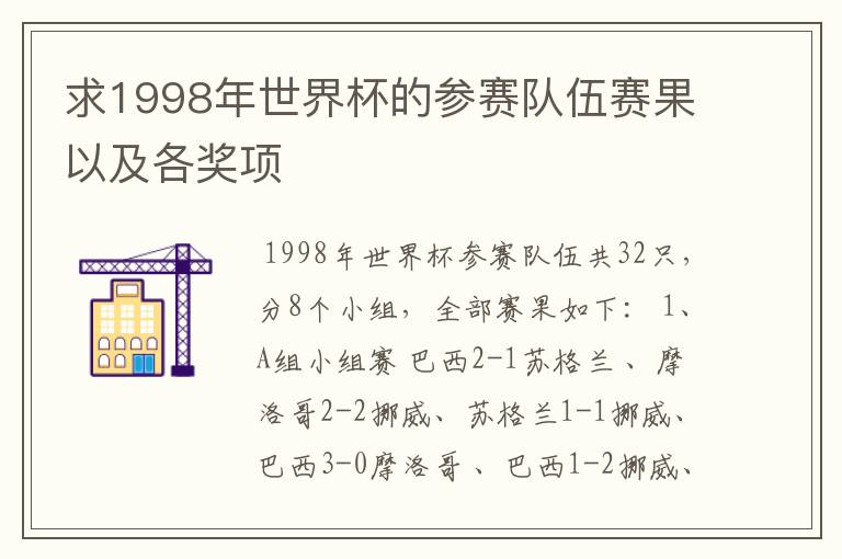 求1998年世界杯的参赛队伍赛果以及各奖项