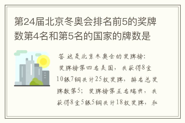 第24届北京冬奥会排名前5的奖牌数第4名和第5名的国家的牌数是多少?