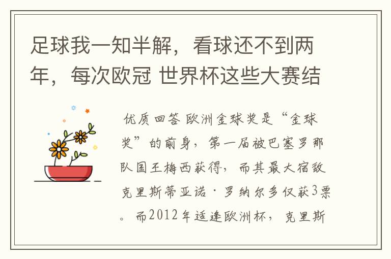 足球我一知半解，看球还不到两年，每次欧冠 世界杯这些大赛结束后不是都要评什么金球奖，金靴奖什么的吗？