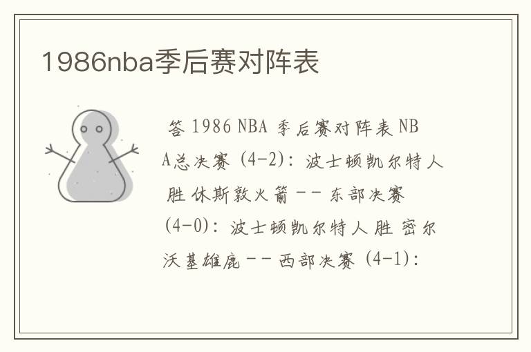1986nba季后赛对阵表