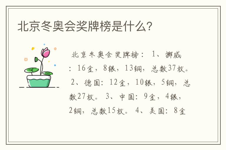 北京冬奥会奖牌榜是什么?