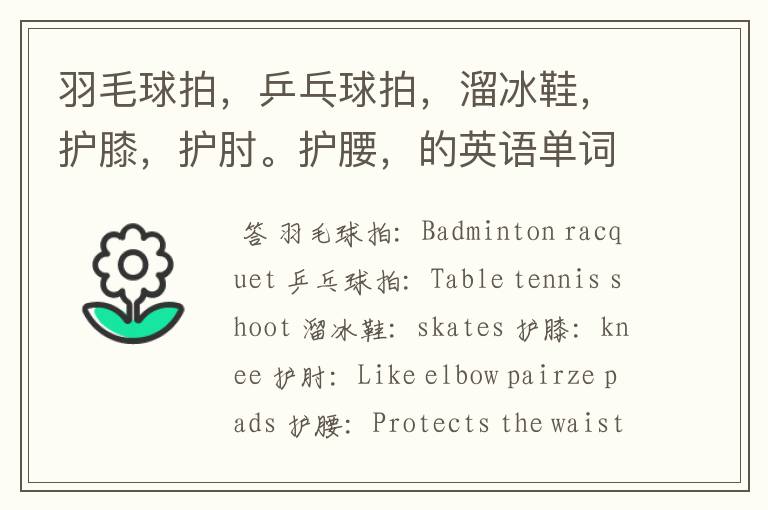 羽毛球拍,乒乓球拍,溜冰鞋,护膝,护肘。护腰,的英语单词