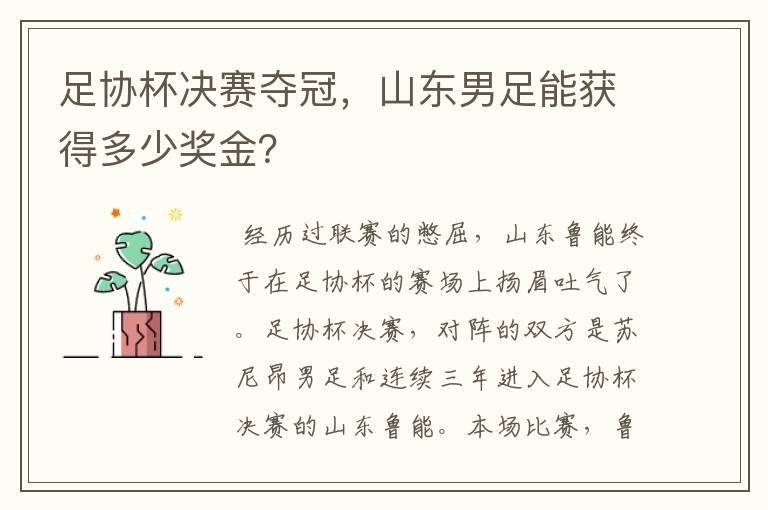 足协杯决赛夺冠，山东男足能获得多少奖金？