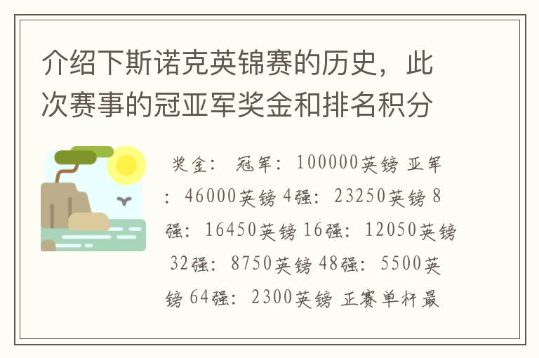 介绍下斯诺克英锦赛的历史,此次赛事的冠亚军奖金和排名积分各是多少?
