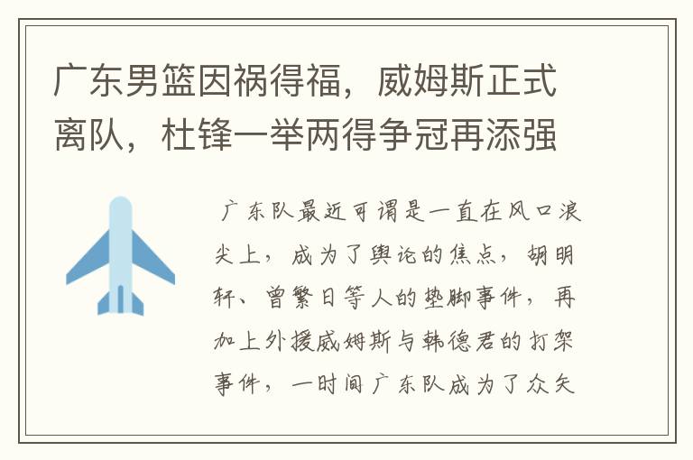 广东男篮因祸得福，威姆斯正式离队，杜锋一举两得争冠再添强援