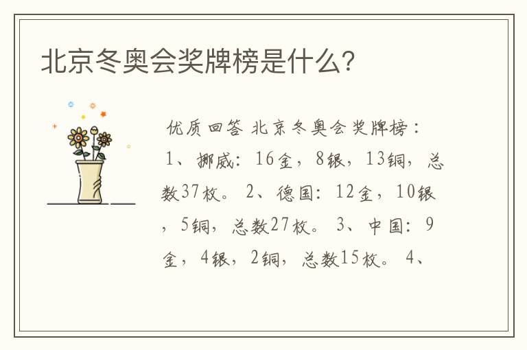 北京冬奥会奖牌榜是什么?