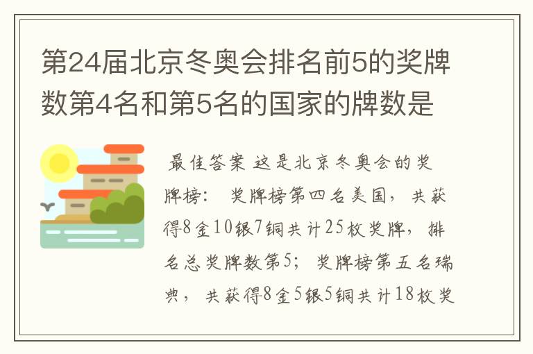 第24届北京冬奥会排名前5的奖牌数第4名和第5名的国家的牌数是多少？