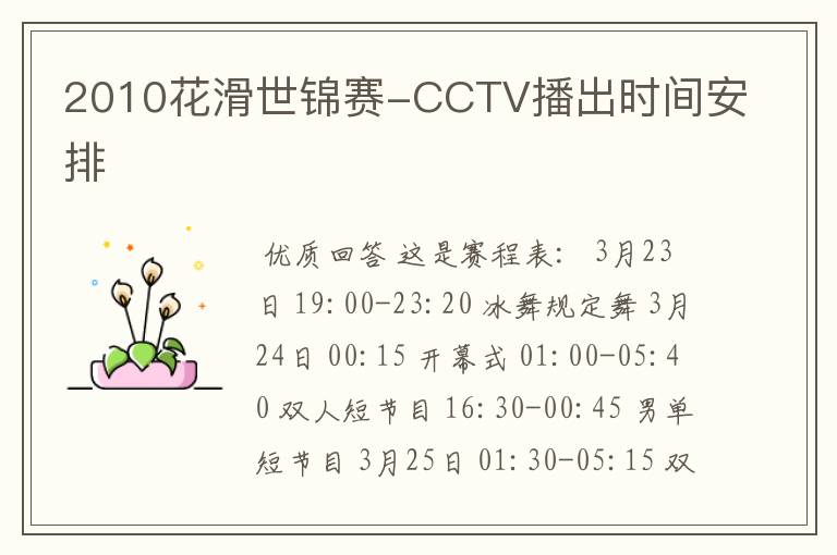 2010花滑世锦赛-CCTV播出时间安排