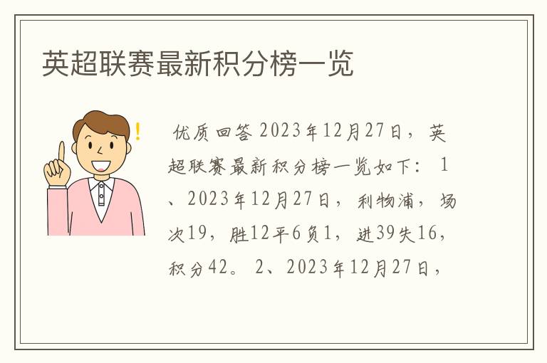 英超联赛最新积分榜一览