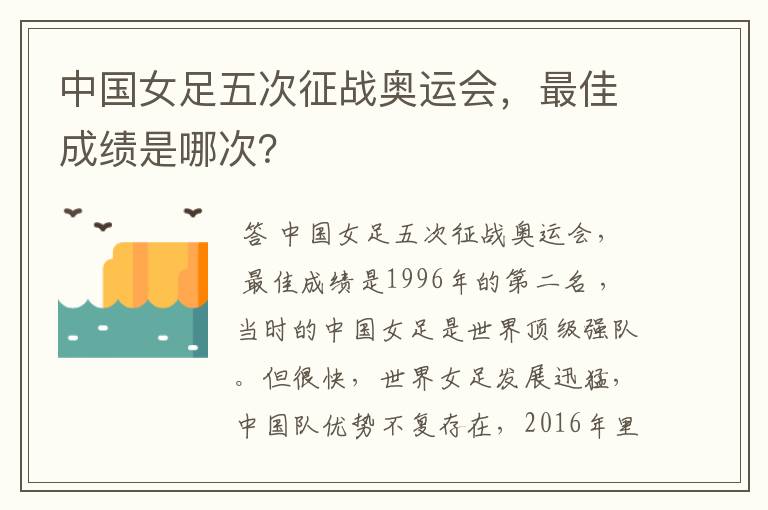 中国女足五次征战奥运会,最佳成绩是哪次?