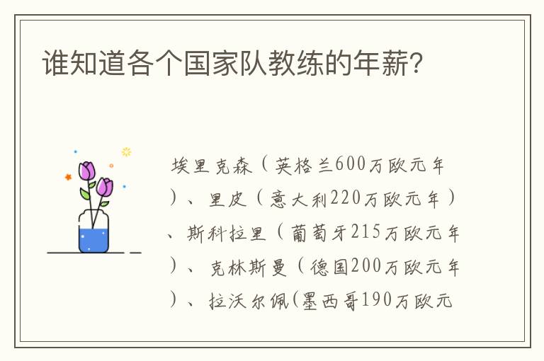 谁知道各个国家队教练的年薪？