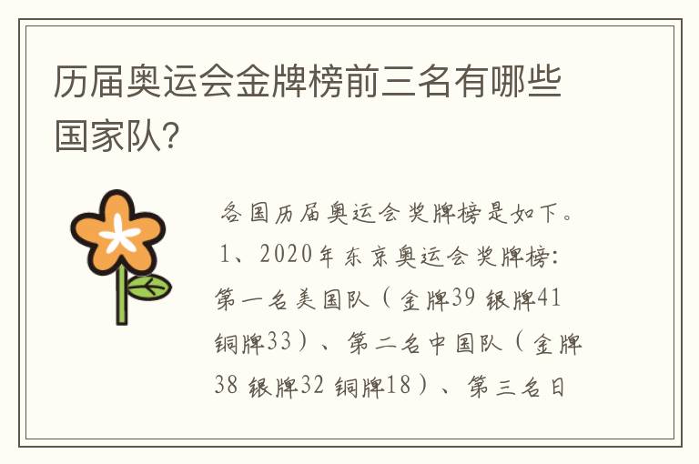 历届奥运会金牌榜前三名有哪些国家队？