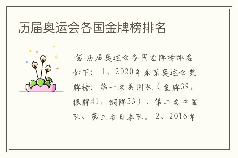 历届奥运会各国金牌榜排名