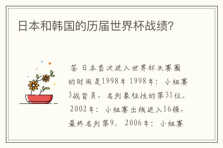 日本和韩国的历届世界杯战绩？