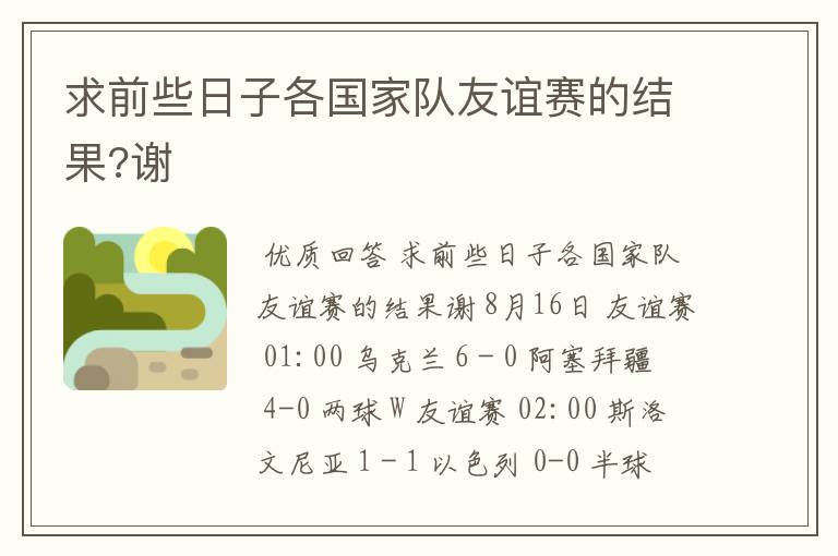 求前些日子各国家队友谊赛的结果?谢