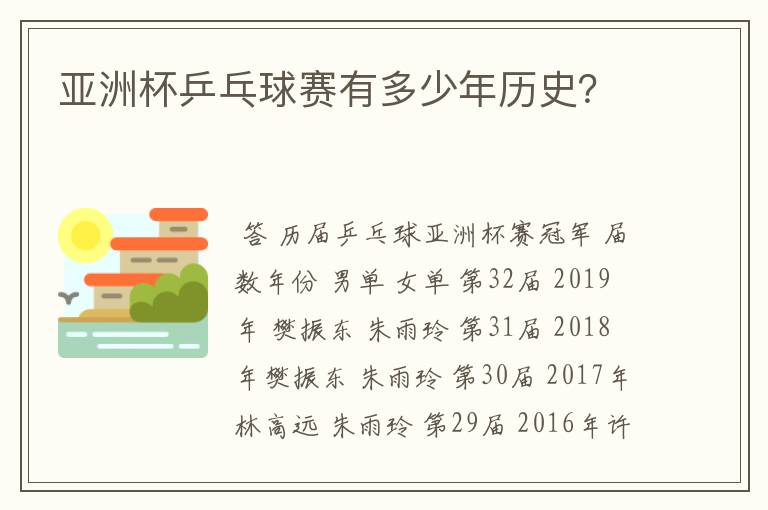 亚洲杯乒乓球赛有多少年历史?