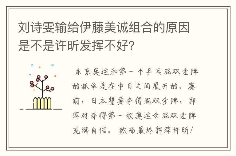 刘诗雯输给伊藤美诚组合的原因是不是许昕发挥不好?