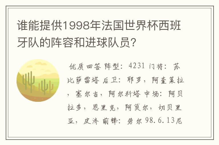 谁能提供1998年法国世界杯西班牙队的阵容和进球队员?