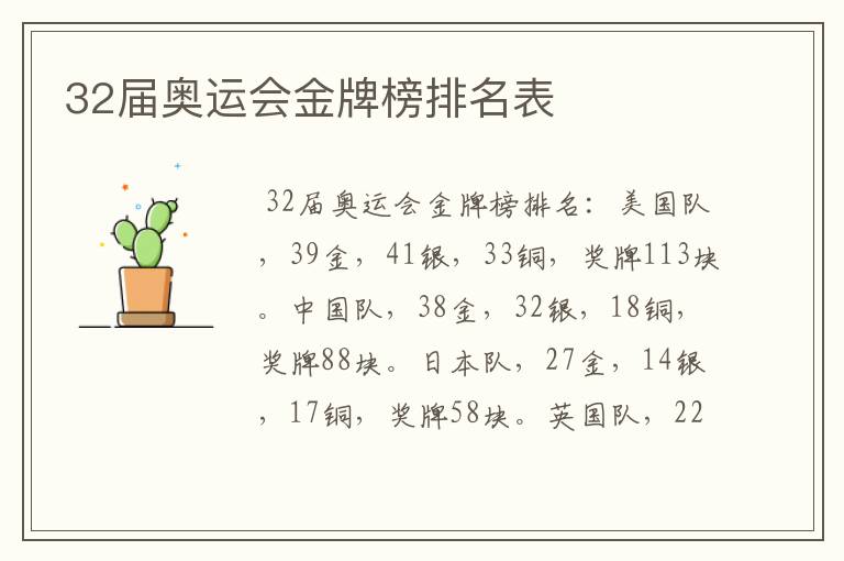 32届奥运会金牌榜排名表