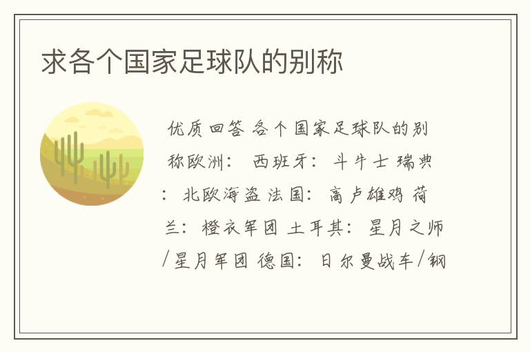 求各个国家足球队的别称