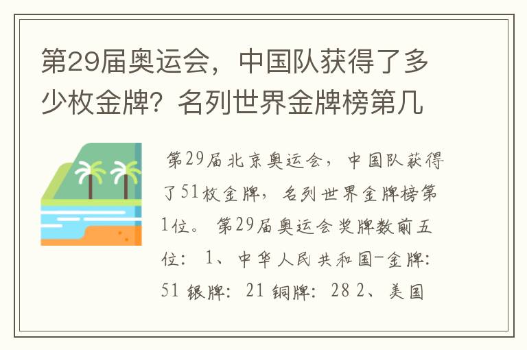 第29届奥运会,中国队获得了多少枚金牌?名列世界金牌榜第几位?