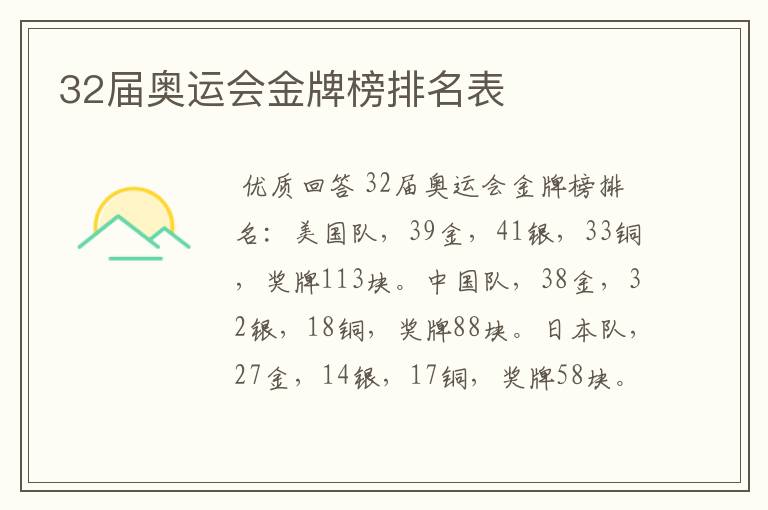 32届奥运会金牌榜排名表