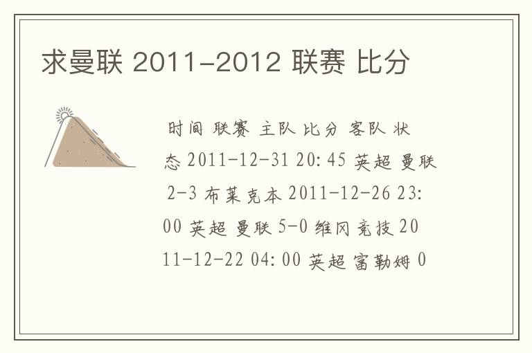 求曼联 2011-2012 联赛 比分