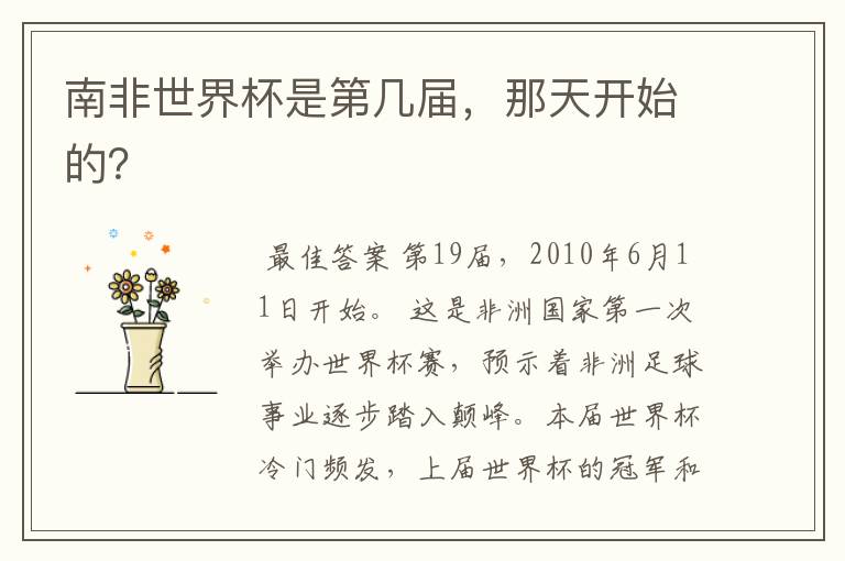 南非世界杯是第几届，那天开始的？