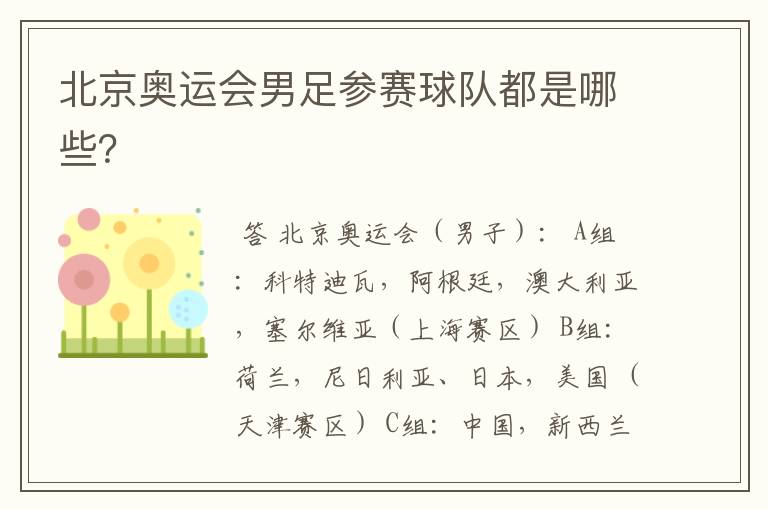 北京奥运会男足参赛球队都是哪些？