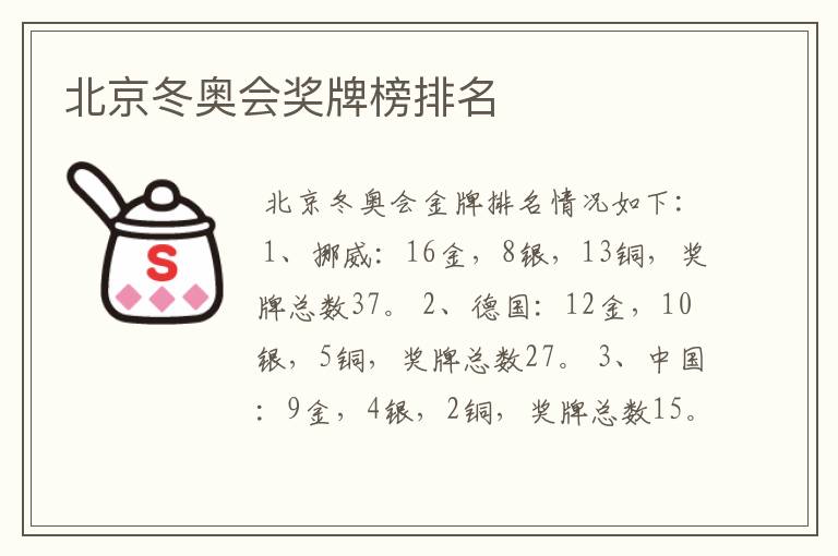 北京冬奥会奖牌榜排名