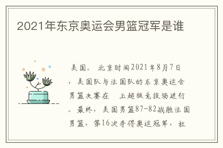 2021年东京奥运会男篮冠军是谁