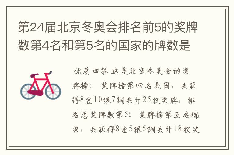 第24届北京冬奥会排名前5的奖牌数第4名和第5名的国家的牌数是多少?